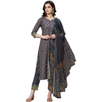 ANNI DESIGNER Women's Rayon Floral Printed Straight Kurta with Pants & Dupatta (Shank-Grey_L_Grey_Large)