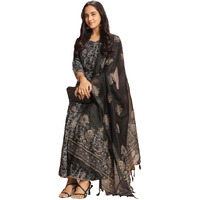 ANNI DESIGNER Women's Rayon Viscose Straight Printed Kurta with Sharara & Dupatta (NIRANJANA BLACK-VKS01_L_Black_Large)