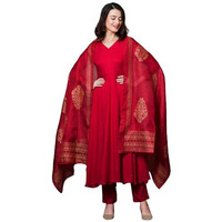 ANNI DESIGNER Women's Rayon Blend Solid Anarkali Kurta with Pant & Dupatta (Magic-RED-NB_M_Red_Medium)