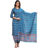 KLOSIA Women Straight Floral Printed Kurta and Pant Set With Dupatta | Ethnic Suit | Kurta Set | (Small) Blue