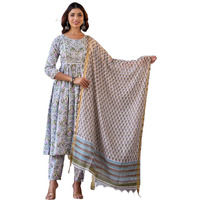 KLOSIA Women A-Line Printed Kurta and Pant Set with Dupatta | Ethnic Set | Dupatta Set | Suit Set | Kurta Set | (Small) White