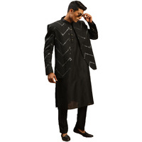 VASTRAMAY Men's Black Viscose Ethnic Combo Set | Mirror work Embellished Viscose Jodhpuri Coat For Men. This Set Contain Viscose Kurta And Pant Style Pyjama.
