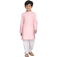 VASTRAMAY Boys' Cotton Solid Color Kurta with Full Sleeves, Mandarin Collar & Wooden Buttons  White Elasticated Waist Pyjama Set for Ethnic and Festive Occasions