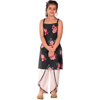 VASTRAMAY Girls' Floral Printed Cotton Silk Kurta And Tulip Pants (VASGDK005GN_7-8 Years)