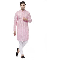 VASTRAMAY Men's Pink And White Pure Cotton Kurta Pyjama Set_VASMK094PNnPANT004WH_40