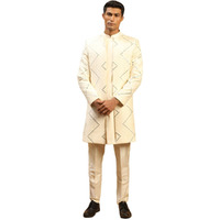 VASTRAMAY Men's Cream Viscose Sherwani Set | Mirror work Embellished Viscose Indo Western And Pant Style Pyjama For Men.