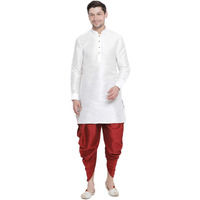 VASTRAMAY Men's White Cotton Silk Blend Kurta and Dhoti Pant Set_VASMUK001WHnCDMA_36