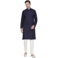 VASTRAMAY Men's Dark Blue Cotton Linen Blend Kurta Pyjama Set_VASMK007NBnPLBCR_40