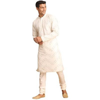 VASTRAMAY Men's White Georgette Kurta Pyjama Set | Mirror work White Georgette Kurta and Pyjama Set.