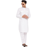 VASTRAMAY Men's Cotton Blend White Pathani Kurta Set - Classic Ethnic Attire, Cultural Celebrations & Independence Day | Stylish Pathani Style Kurta In Cotton Fabric Has Roll Up Sleeves With Salwar