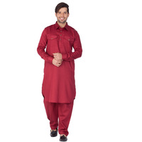 VASTRAMAY Men Cotton Pathani Khan Suit Set (Maroon_VASMPTMA009_40)