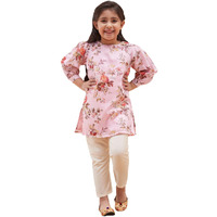 VASTRAMAY Girls' Handcrafted Kurta & Straight Pant Set  Muslin Fabric, Puff Sleeves & Embellished Neck Border