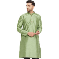 VASTRAMAY Men's Mint Green Silk Blend Banarasi Kurta, Full Sleeve, Mandarin Neck, Regular Fit, Festive, Soft Comfortable Feel, Solid Design for Traditional Occasions