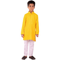 VASTRAMAY Boys' Yellow And White Kurta Pyjama Set | Traditional Indian Schiffli Embroidery Work kurta pajama set for Navratri, Diwali & Festive Celebrations - Stylish and Comfortable Indian Outfit