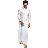 VASTRAMAY Men's White Silk Blend Full-Sleeve Shirt with 3-Meter Dhoti (Mundu) with Golden Border  Traditional South Indian Ethnic Wear