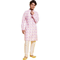 VASTRAMAY YUVA Boys' Multicolor-Base-White Cotton Blend Kurta Pyjama Set ||Elegant For Holi & EID Celebration_VYUVBK089WHnPVCR_36M