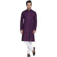 VASTRAMAY Men's Purple Cotton Linen Blend Kurta Pyjama Set  Solid Ethnic Wear with Mandarin Collar & Churidar, Comfortable for Weddings, Festivals & Special Occasions