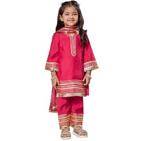 VASTRAMAY Girls' Pink Kurta Set With Dupatta - Silk Blend Solid lace detailing Kurta Pyjama And Dupatta Set For Girl's.