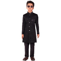 VASTRAMAY Boys' Velvet Black Sherwani Set | Sequined Embroidered Indo Western With Pant style Pyjama