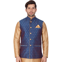 VASTRAMAY VM Mens Silk Blend Navy Blue Nehru Jacket - Timeless Style & Versatility | Jacquard Woven checkered Zari threads Ethnic Sleeveless Coat for Formal & Casual Wear_VASMJ009BU_44