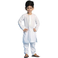 VASTRAMAY Boys' Cotton Blend White and White Kurta Pyjama Set - Classic Ethnic Attire for Timeless Style and Cultural Celebrations And Independence Day | Embroidered Neckline Cotton Kurta With Pyjama