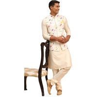 VASTRAMAY Men's Cream Viscose Jacket, Kurta and Pyjama Set-VASMJ089CRnK091CRnVPCR_36