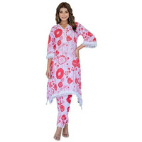 Yashika Solid Regular Printed Cotton Blend Straight Kurta Pant Set with Lace-Comfortable Ethnic Wear Women, Elegant Design, Suitable for Various Occasions (AZ-YS-P1-KS2118 RED-XL