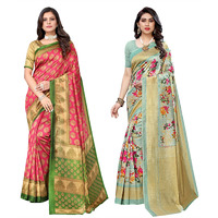 Yashika Women's Combo Art Silk Printed Saree With Blouse Piece Pack Of 2(ALIFA PINK-AIR LIGHT GREEN)