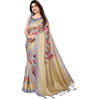 Yashika Women's Printed Kalamkari Art Silk Saree With Tassels and Unstitched Blouse Material (AZ-YS-P1-VAYU GREY JHALAR)
