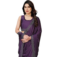 Yashika Women's Hot Fix Work and Solid Color Satin Moss Saree With Unstitched Blouse Material (AZ-YS-P3-PINTU PURPLE)