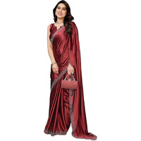 Yashika Women's Hot Fix Work and Solid Color Satin Moss Saree With Unstitched Blouse Material (AZ-YS-P2-PINTU MAROON)