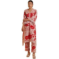 Yashika Floral Regular Printed Cotton Blend Straight Kurta Pant Set with Lace-Comfortable Ethnic Wear Women, Elegant Design, Suitable for Various Occasions (AZ-YS-OG-KS2118-Parent_Red