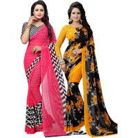 Yashika Women's Pure Georgette Saree Combo (PIKU Pink_Floral Yellow