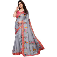 Yashika Women's Printed Kalamkari Art Silk Saree With Lace and Unstitched Blouse Material (AZ-YS-P1-DAMRU GREY LACE)