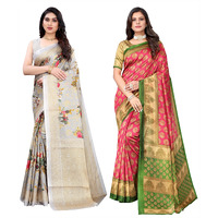 Yashika Women's Combo Art Silk Printed Saree With Blouse Piece Pack Of 2(PUDINA GREY-ALIFA PINK)