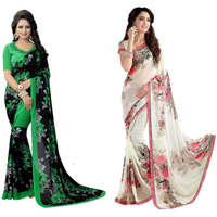 Yashika Women's Jacquard Pure Georgette Saree Combo (Floral Green_APSARA White