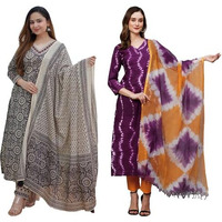 ANNI DESIGNER Women's Cotton Blend Printed Straight Kurta with Pant & Dupatta Pack of 2 (Combo-Nihira Cream-Mukhi Pink_M_Multi_Medium)