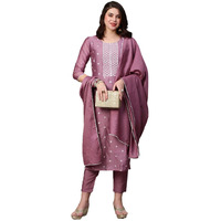 ANNI DESIGNER Women's Cotton Blend Embroidered Straight Kurta with Pant & Dupatta (HIMA-Purple_XXL_Purple_XX-Large)