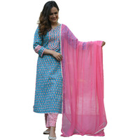 ANNI DESIGNER Women's Pure Cotton Straight Kurta with Palazzos & Dupatta (BP Cotton New_XXL_Blue_XX-Large)