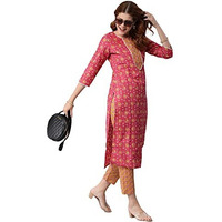 ANNI DESIGNER Women's Cotton Blend Traditional Straight Printed Kurta with Pant (Mikaa Pink-Nw5_XXL_Pink_XX-Large)
