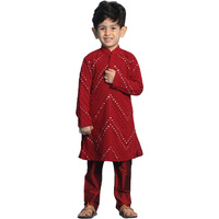 VASTRAMAY Boys' Maroon Mirror Work Kurta And Pyjama | Boy's Mirror work Maroon Georgette Kurta & Pyjama Set for Navratri, Diwali & Festive Celebrations - Stylish and Comfortable Indian Outfit for Kids