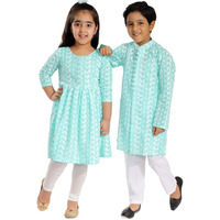 VASTRAMAY Boys' Green And White Kurta Pyjama Set & Girls' Chikankari Cotton Kurta And Leggings Set[Boy's (4-5 Years) / Girl's (4-5 Years)]