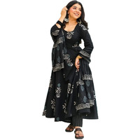 KLOSIA Women Printed Anarkali Kurta and Pant with Dupatta Set (in, Alpha, XL, Black)