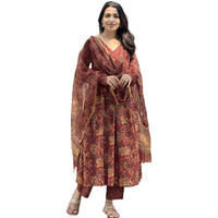 KLOSIA Women Printed Anarkali Kurta and Pant Set with Dupatta (in, Alpha, 2XL, Red)