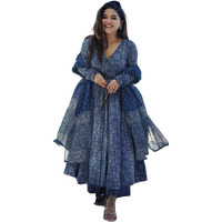 ANNI DESIGNER Women's Rayon Viscose Anarkali Printed Kurta with Palazzo & Dupatta (Sinners Blue_S_Blue_Small)
