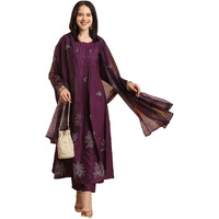 ANNI DESIGNER Women's Rayon Blend Anarkali Printed Kurta with Pant & Dupatta (Gangori Wine-VKS02_L_Wine_Large)