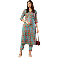 ANNI DESIGNER Women's Cotton Blend Straight Printed Kurta with Pant (Balajyoti Blue-NW_L_Blue_Large)