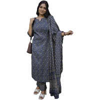 ANNI DESIGNER Women's Rayon Blend Straight Printed Kurta with Pant & Dupatta (Kamiganj Blue_XXL_Blue_XX-Large)