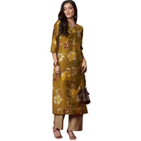 ANNI DESIGNER Women's Rayon Blend Straight Printed Kurta with Pant (KEJRI Gold_S_Gold_Small)
