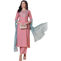 ANNI DESIGNER Women's Rayon Viscose Embroidered Straight Kurta with Pant & Dupatta (Meja Pink_S_Pink_Small)